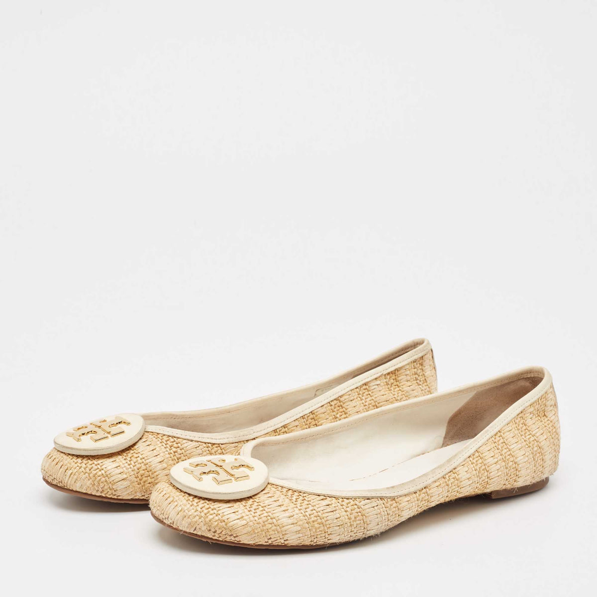 Tory Burch Beige/Cream Raffia and Leather Reva Ballet Flats Size 40.5