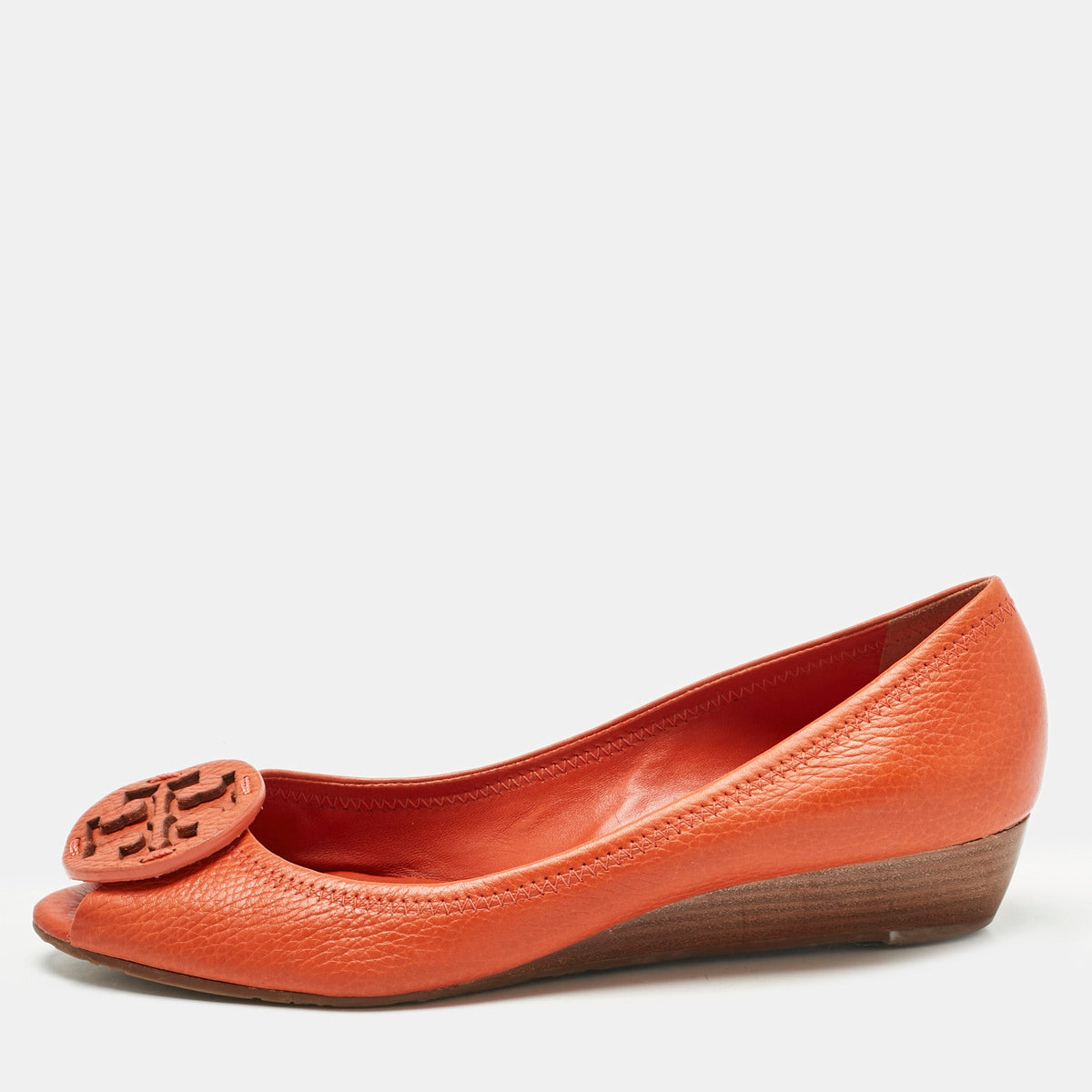Tory Burch Orange Leather Janey Wedge Pumps Size 38.5