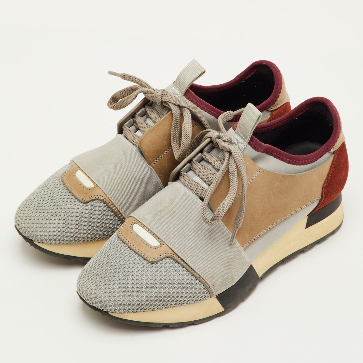 Balenciaga Race Runner Size 36 Grey/Maroon Leather  Mesh and Neoprene Lace Up Sneakers