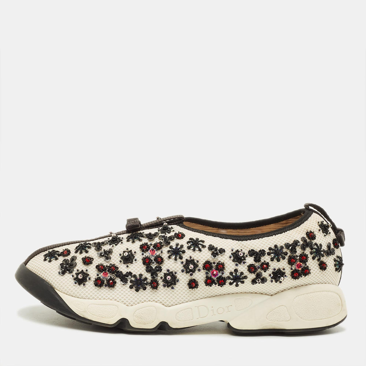 Dior Fusion Size 40 White/Black Mesh Embellished Slip On Sneakers