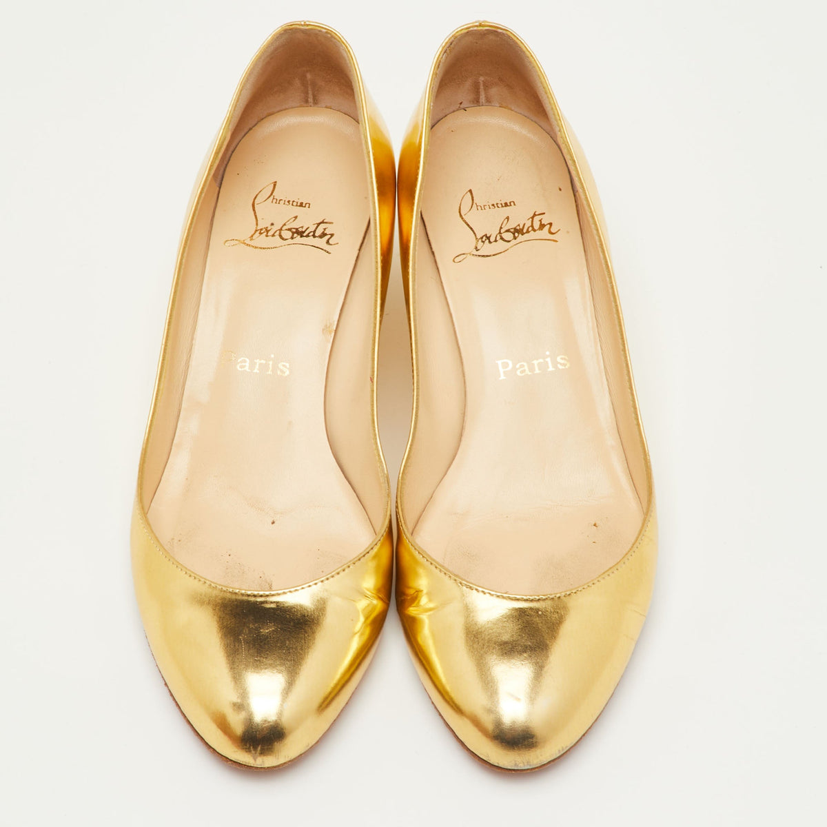 Christian Louboutin Size 38 Gold Leather Round Toe Wedge Pumps