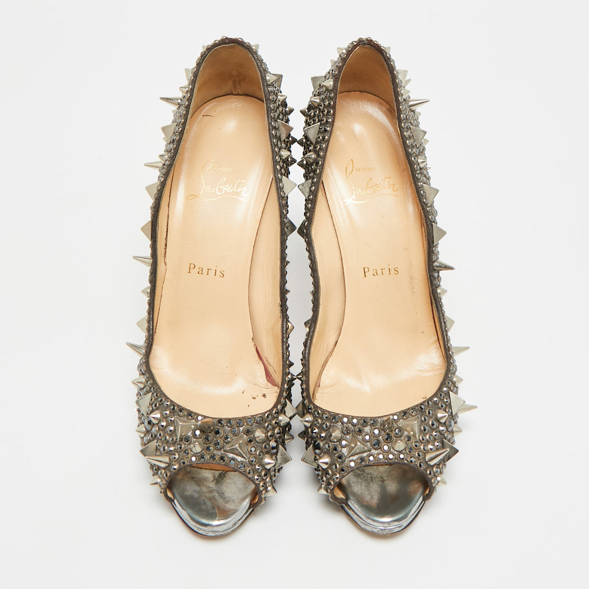 Christian Louboutin Size 38.5 Silver Glitter Peep Toe Pumps