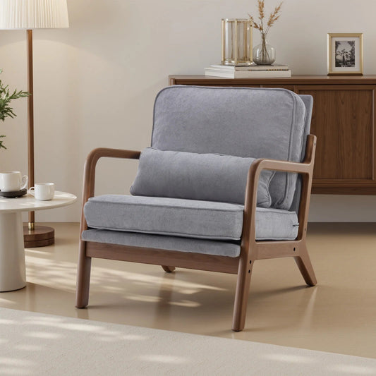 Mid-Century Modern Accent Chair with Solid Wooden Frame, Armrests, and Waist Cushion for Adults - Ideal for Reading and Lounging