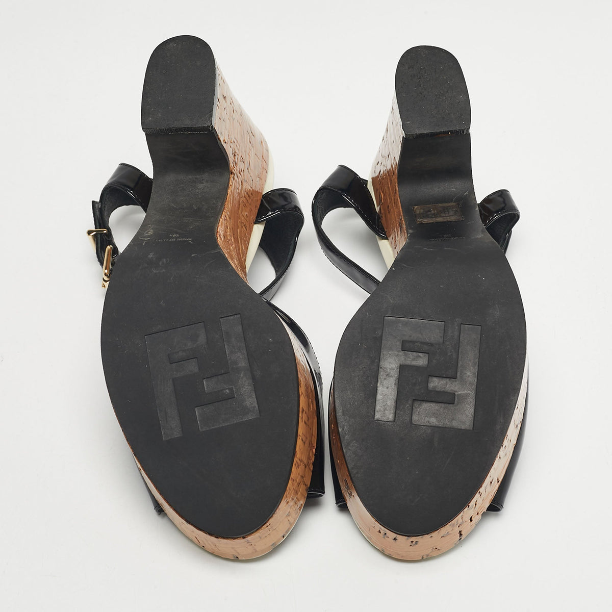 Fendi Black Patent Leather Cork Wedge Sandals Size 38.5