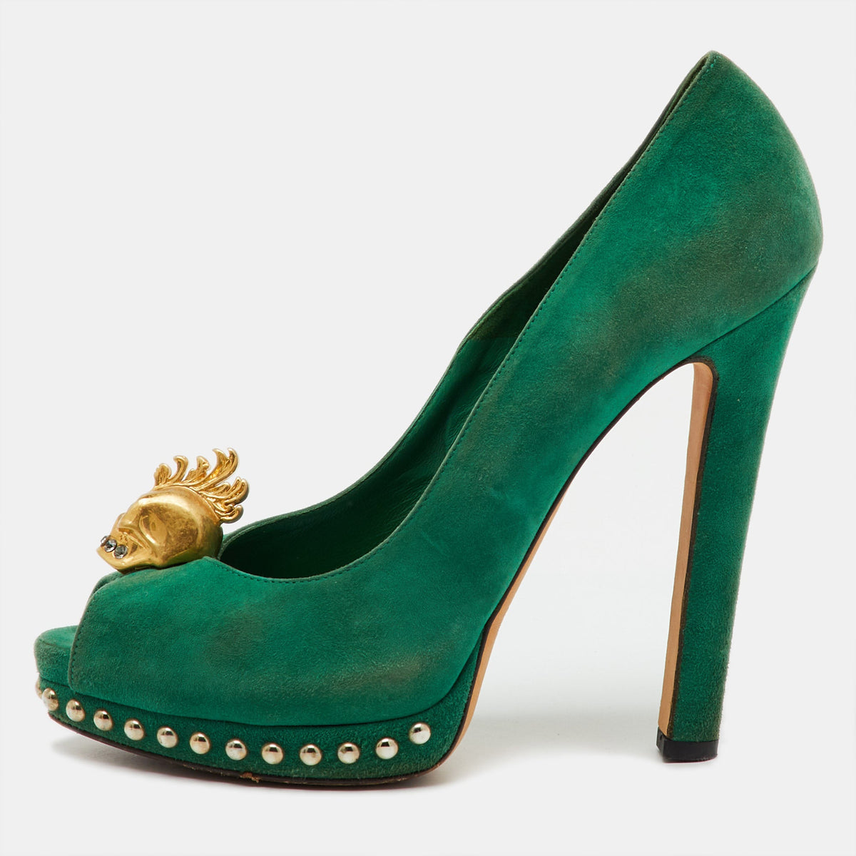 Alexander McQueen Green Suede Skull Platform Peep Toe Pumps Size 38.5