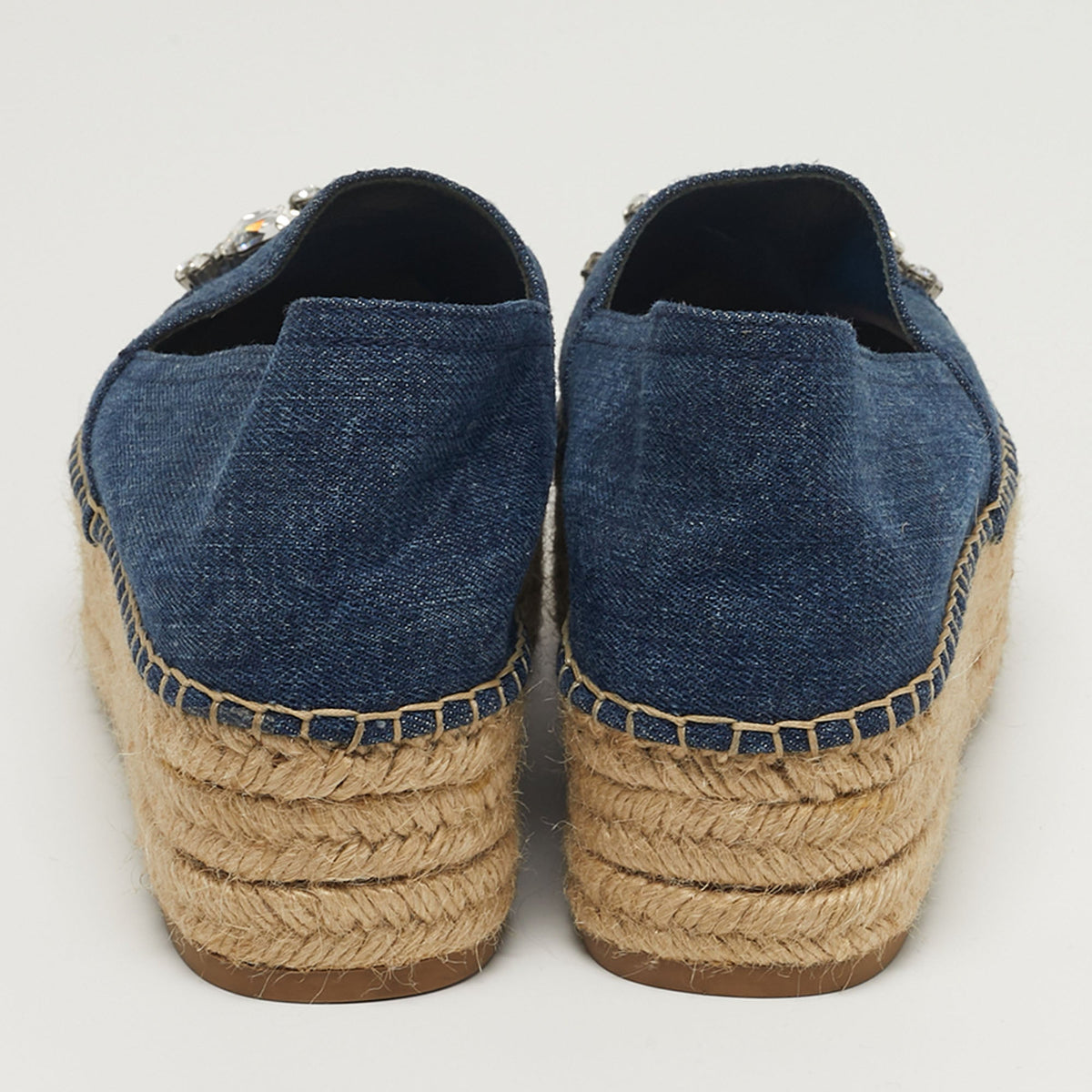 Miu Miu Size 38 Blue Denim Crystal Embellished Espadrille Platform Wedge Flats