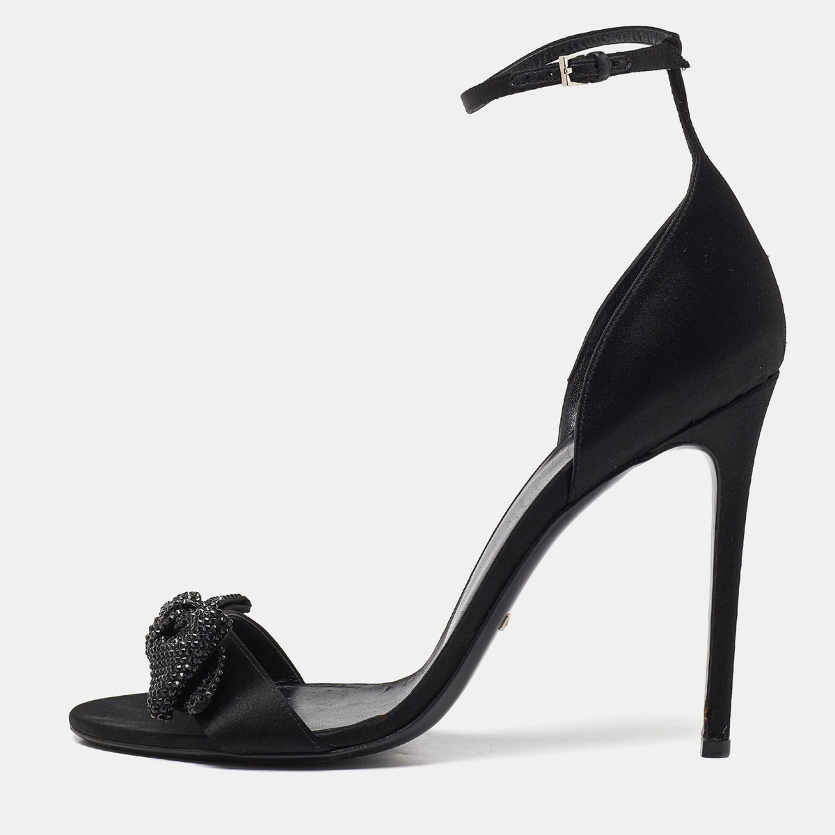 Gucci Black Satin Crystal Embellished Bow Open Toe Ankle Strap Sandals Size 41