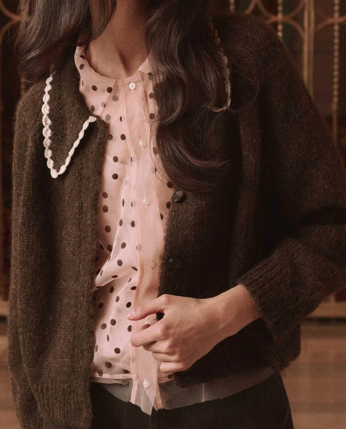 The Crochet Collar Cardigan In Chocolate Brown