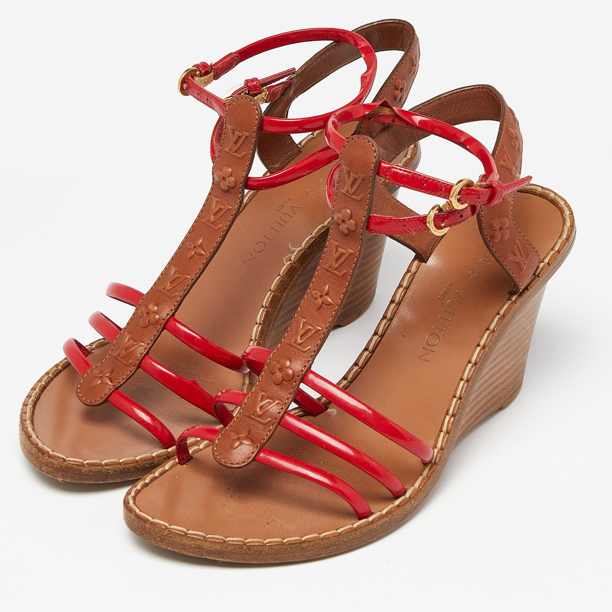 Louis Vuitton Brown/Red Monogram Embossed Leather and Patent T-Strap Wedge Sandals Size 37.5