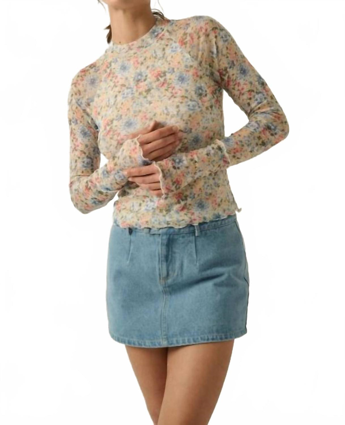 Floral Print Mesh Top In Misted Yellow