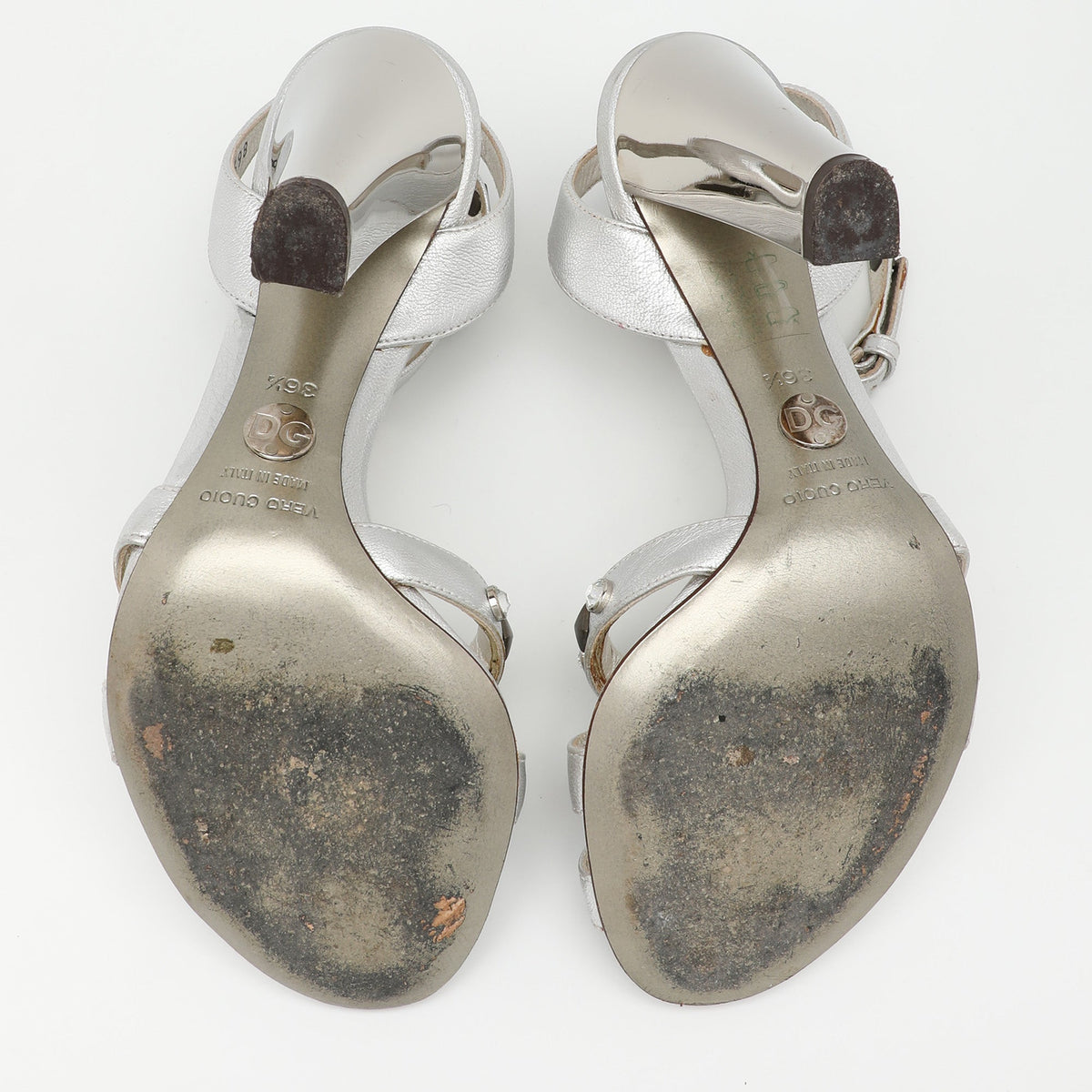Dolce & Gabbana Silver Leather Embellished Ankle Strap Sandals Size 36.5