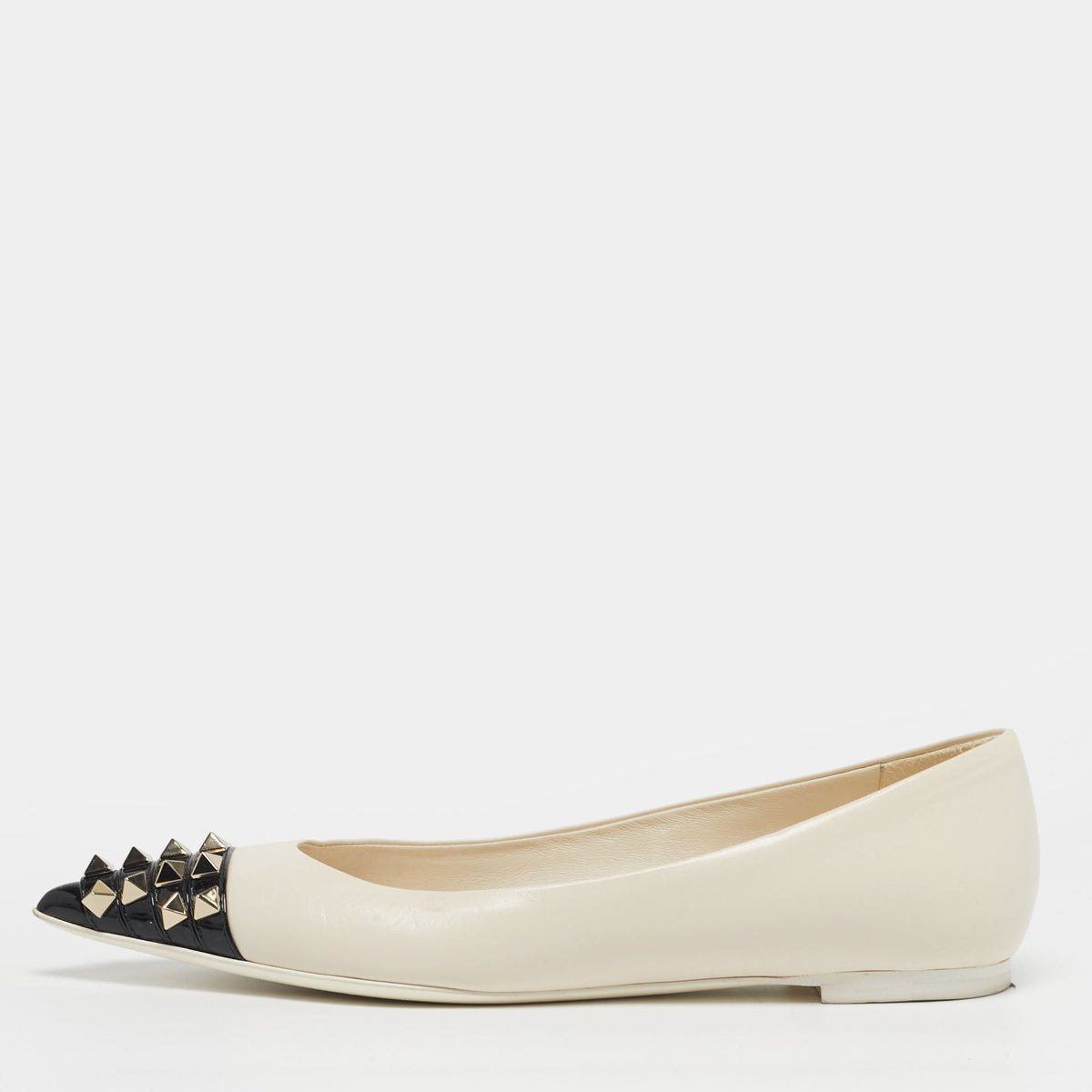 Valentino Rockstud Size 36 White/Black Leather Pointed Cap Toe Ballet Flats