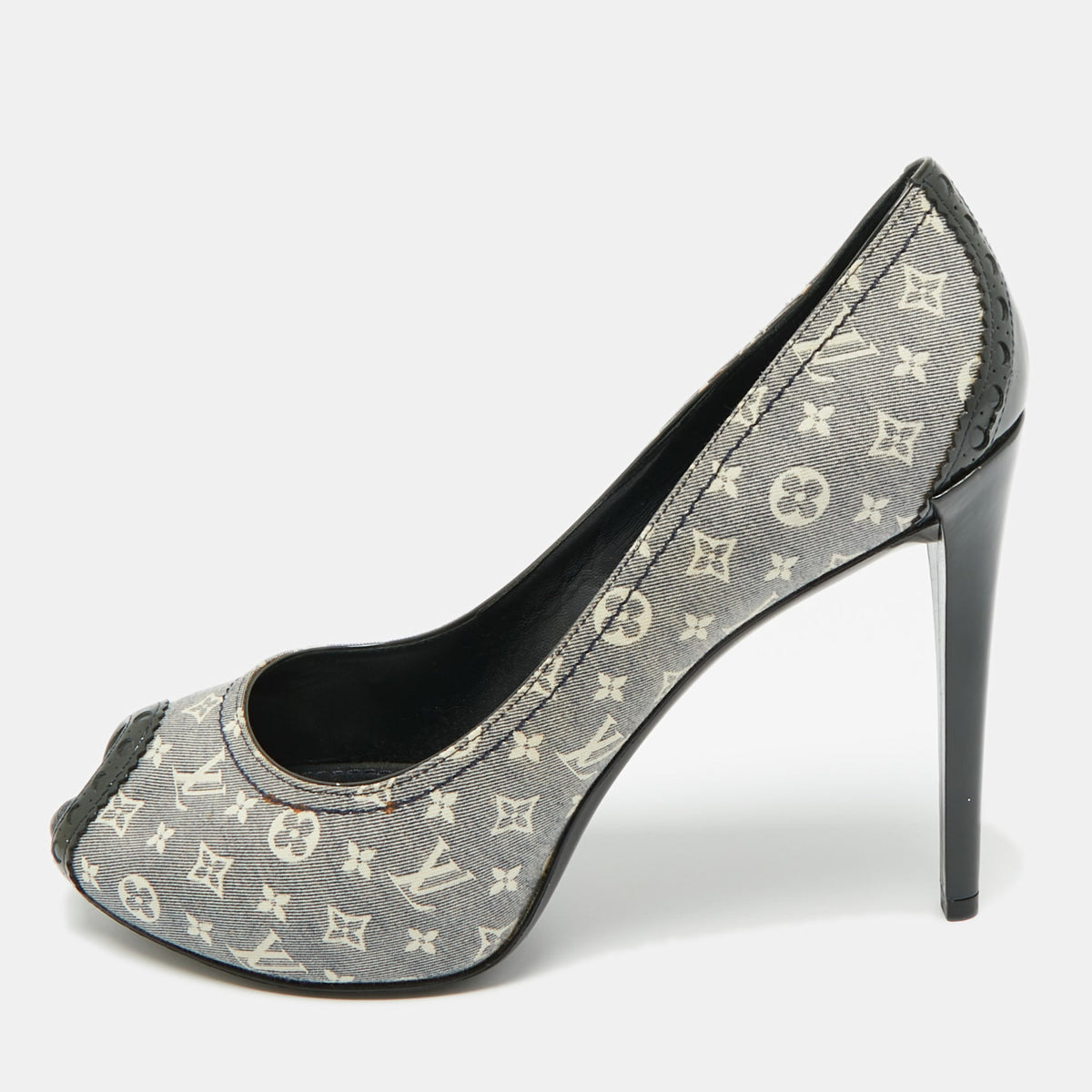 Louis Vuitton Blue Mini Lin Monogram Canvas and Patent Leather Peep Toe Pumps Size 39.5