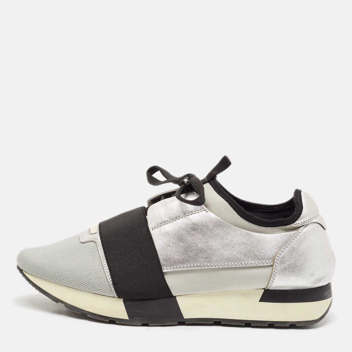 Balenciaga Silver Leather and Knit Fabric Race Runner Low Top Sneakers Size 39