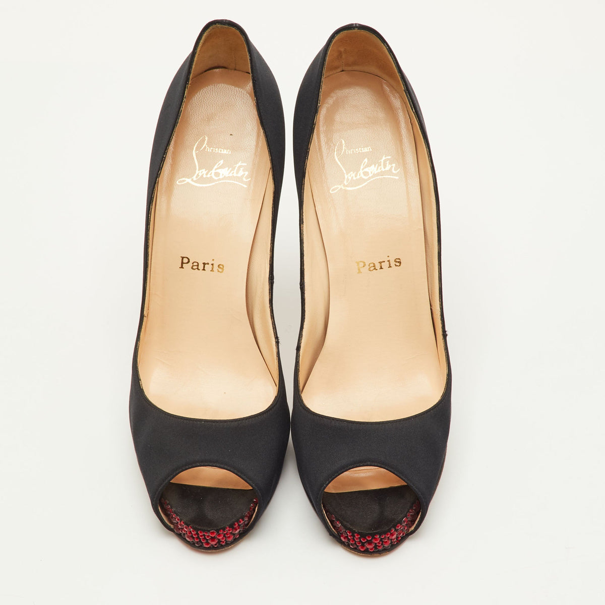 Christian Louboutin Very Prive Size 39 Black Satin Crystal Embellished Platform Peep Toe Pumps