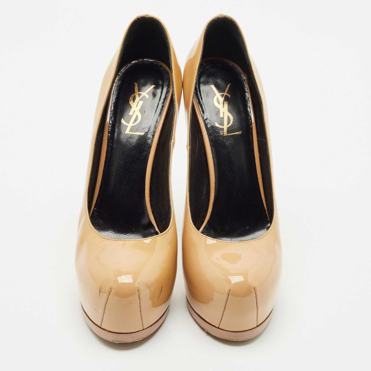 Saint Laurent Paris Tribtoo Size 38.5 Beige Patent Leather Platform Pumps