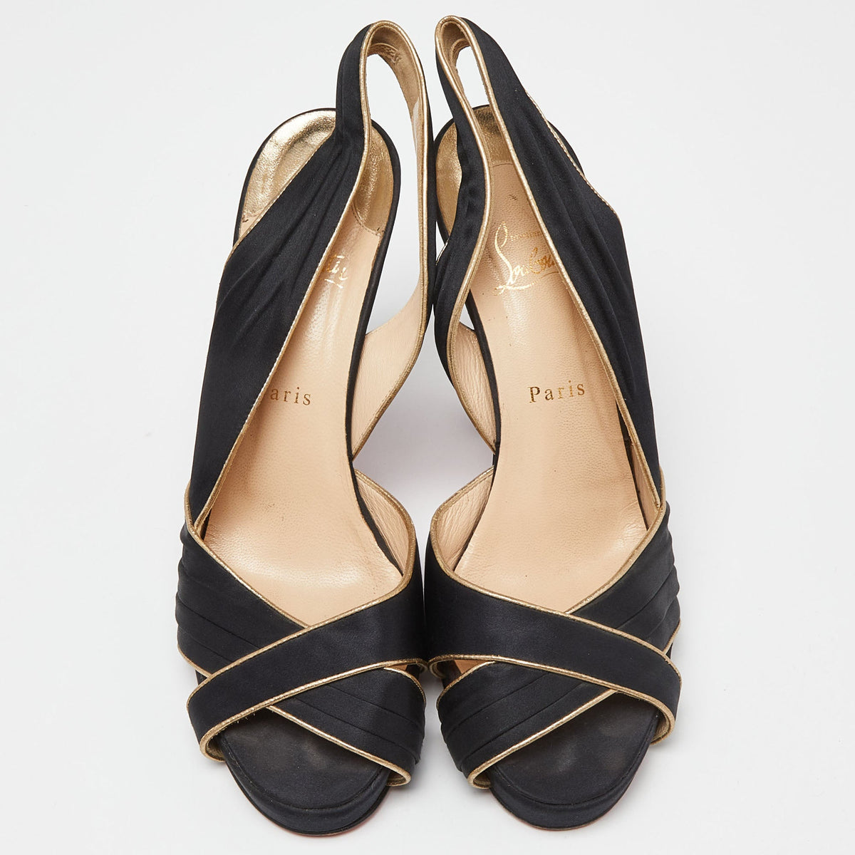 Christian Louboutin Black/Gold Satin and Leather Trim Platform Peep Toe Slingback Sandals Size 42