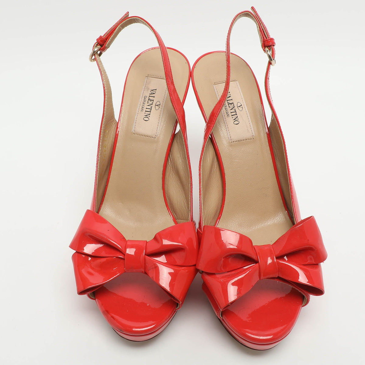 Valentino Bow Size 37 Red Patent Leather Slingback Platform Sandals