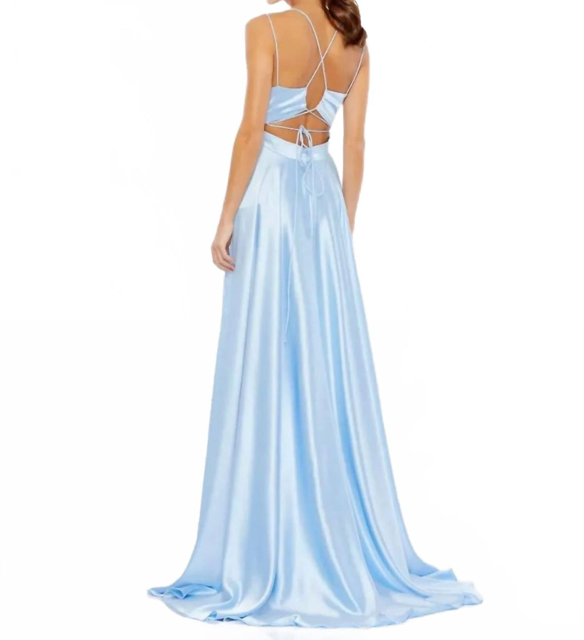 Satin Strappy-Back High Slit Gown In Powder Blue