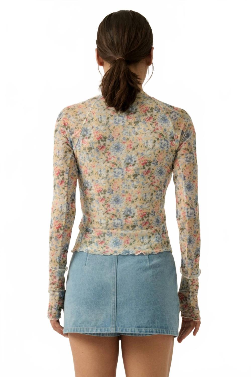Floral Print Mesh Top In Misted Yellow