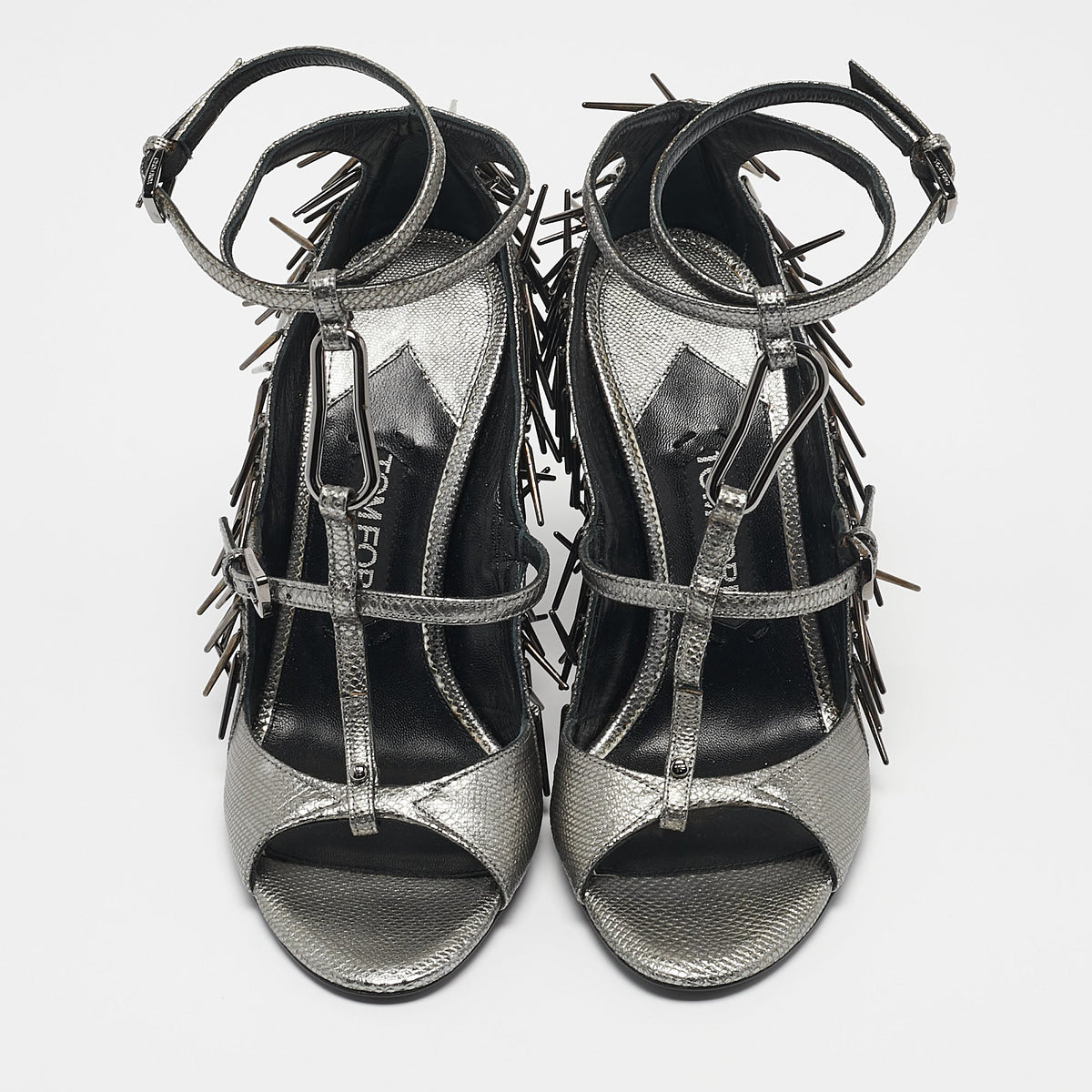 Tom Ford Metallic Grey Leather Embellished  Wedge Sandals Size 37