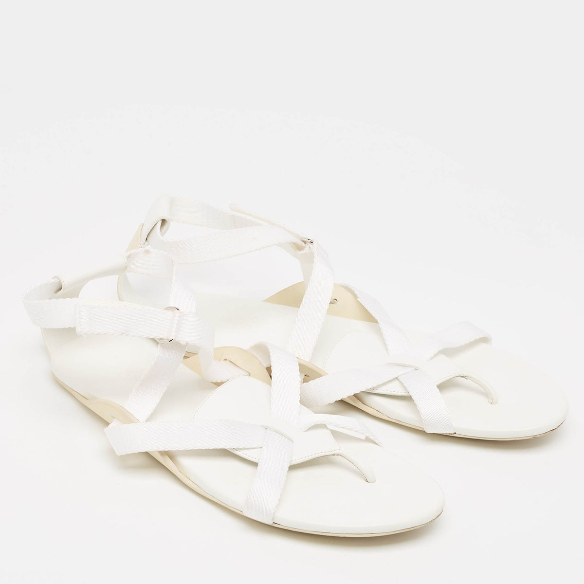 Hermes White Leather and Fabric Strappy Flat Sandals Size 38.5