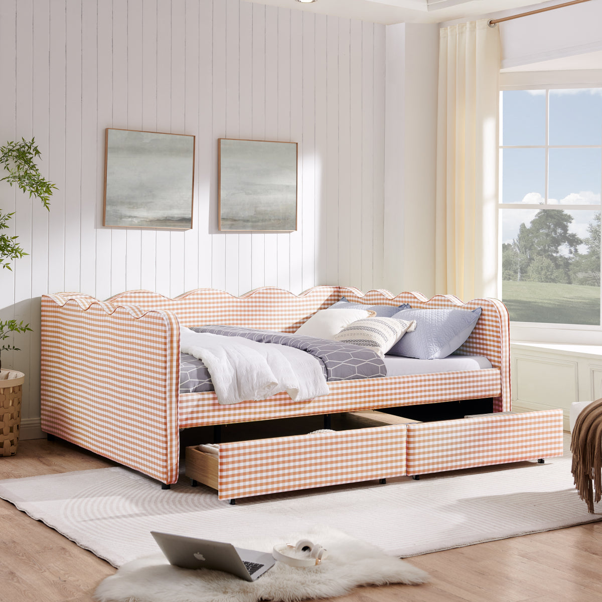 Streamdale Queen Size Daybed with 2 Drawers, USB Port & Wave Headboard
