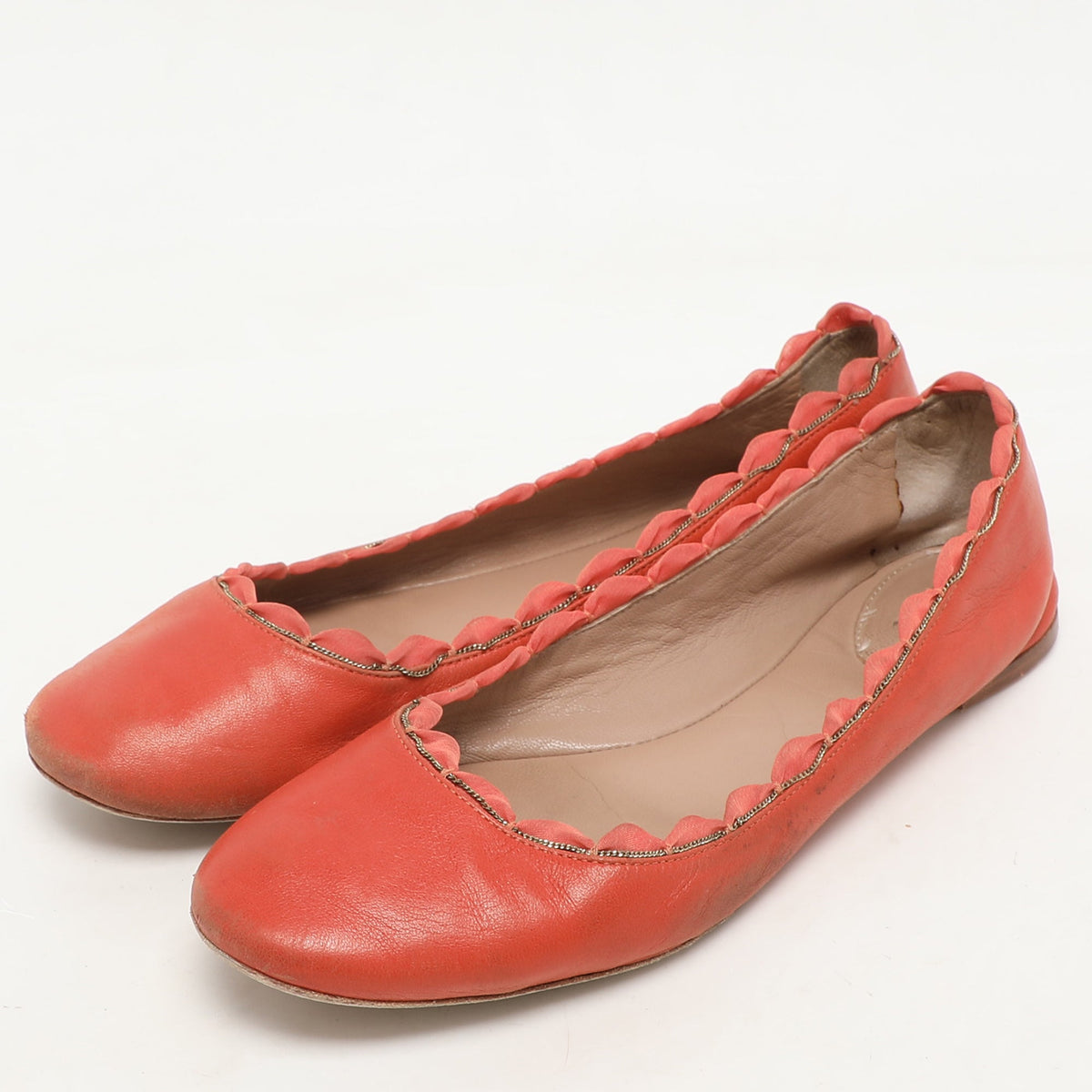 Chloe Orange Leather Laurena Scalloped Ballet Flats Size 37