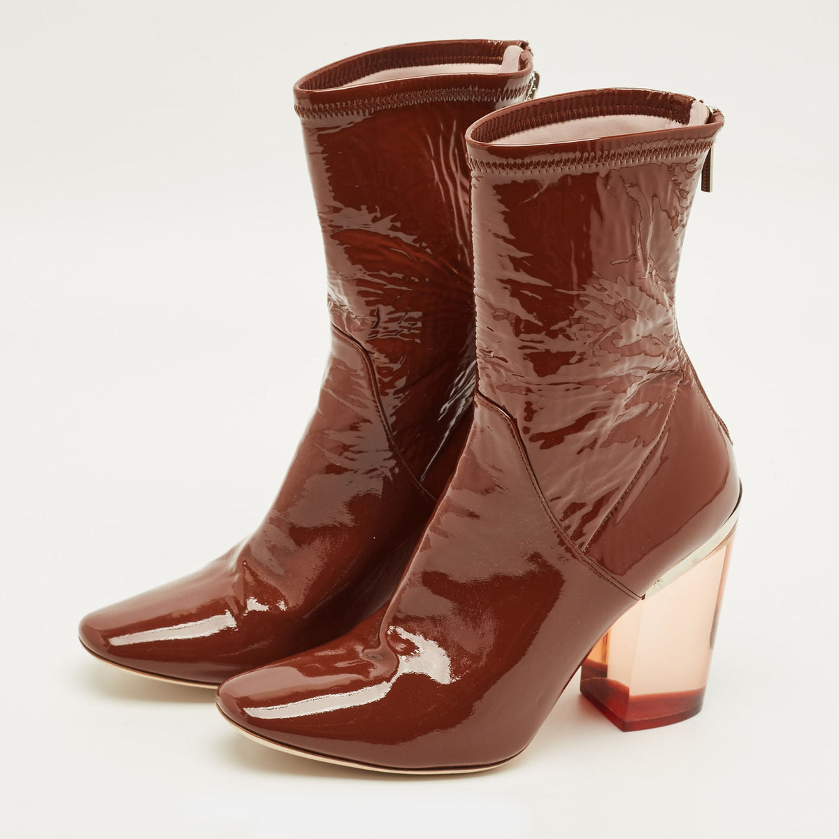 Dior Size 38.5 Brown Patent Leather Clear Heel Ankle Length Boots