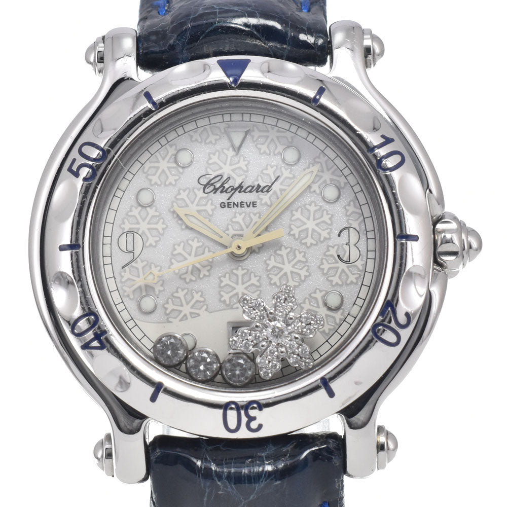 Chopard Happy Sport Snowflake Round Quartz Stainless Steel And Alligator With Diamond Bezel And Floating Diamonds Watch (Pre-Owned)