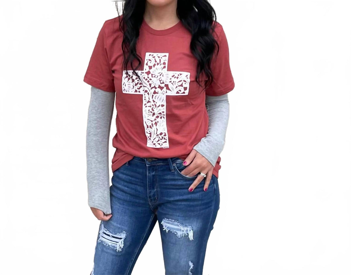 Lace Cross Tee In Rust
