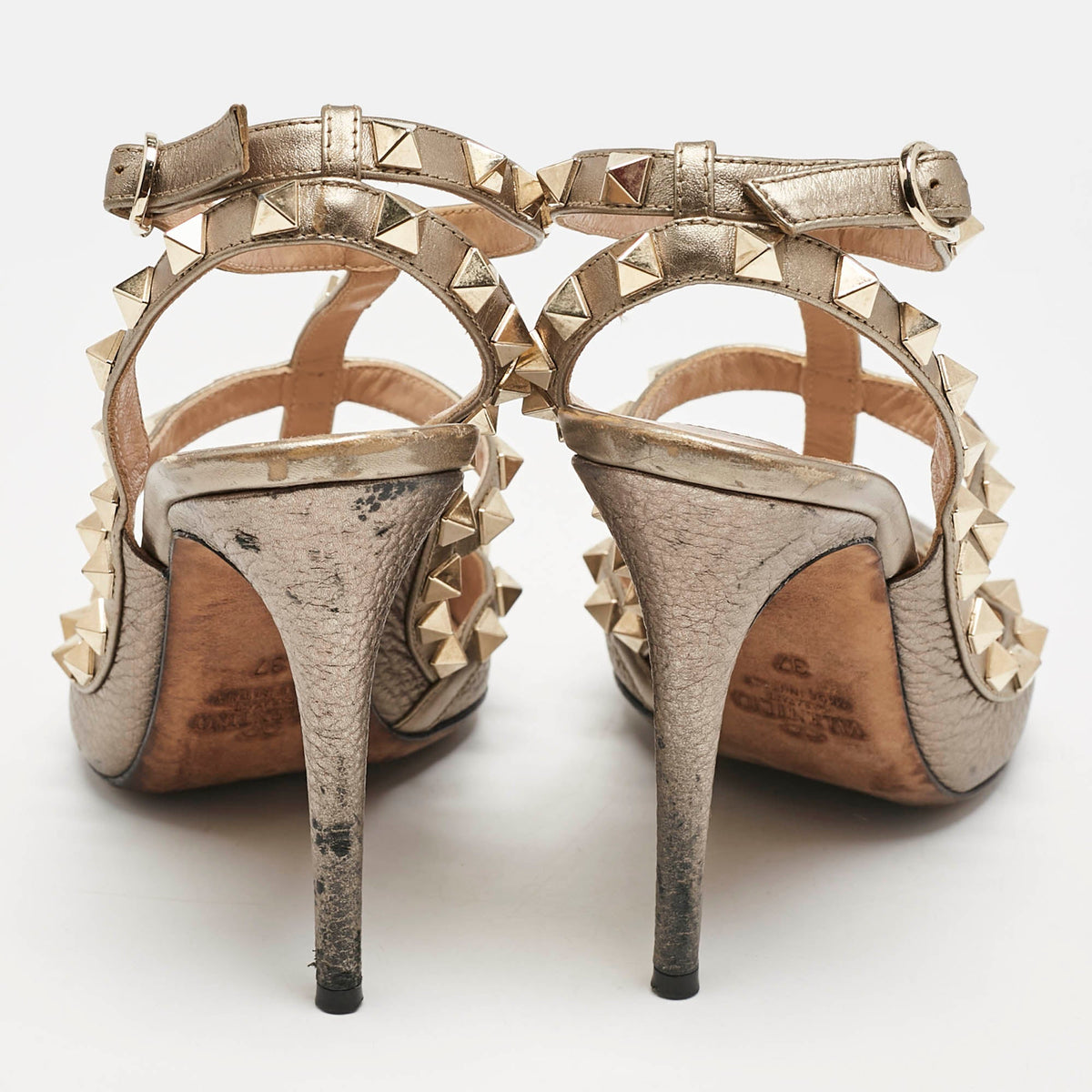 Valentino Metallic Grey Leather Rockstud Caged Ankle Strap Pumps Size 37