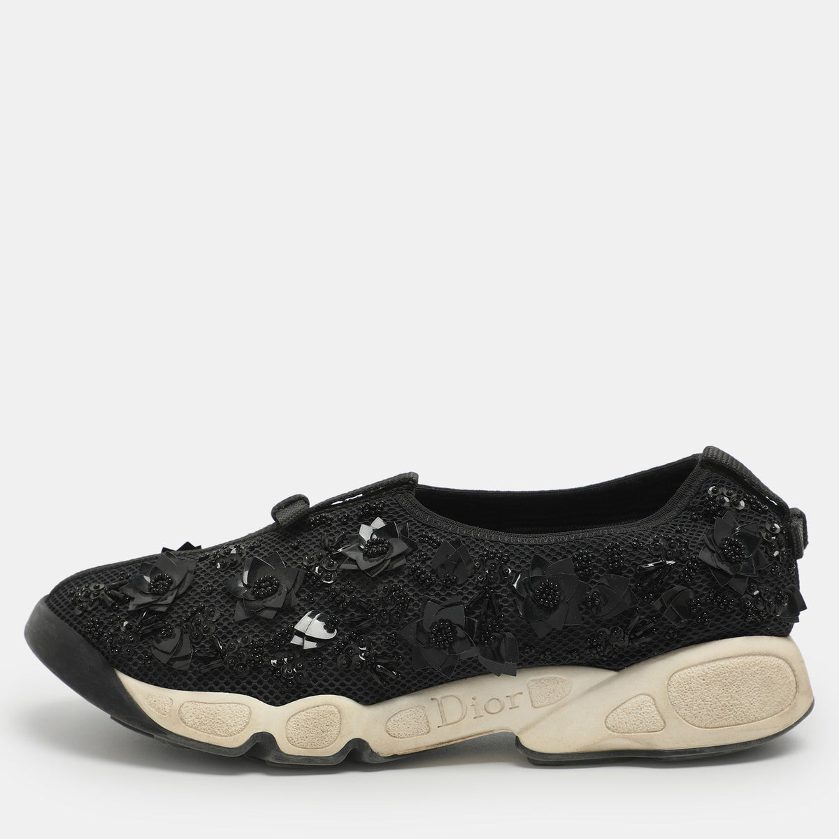 Dior Fusion Size 37 Black Mesh Flower Embellished Low Top Sneakers
