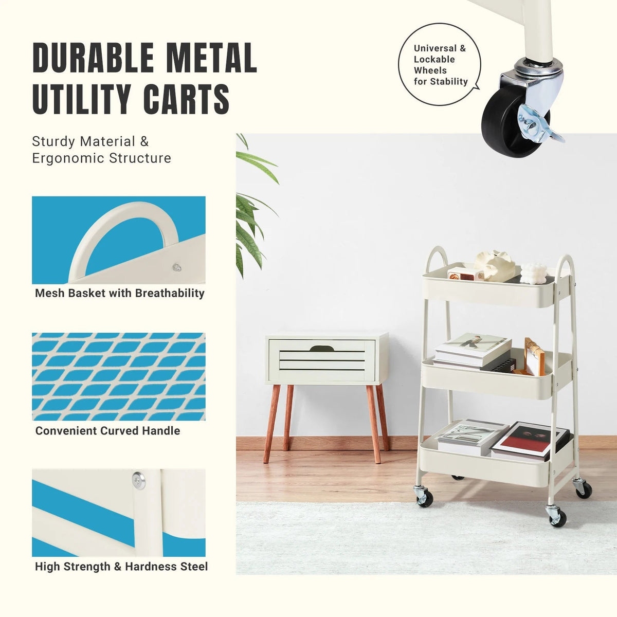 3-Tier Metal Kitchen Storage Cart with Lockable Wheels - Mobile Shelving Unit for Narrow Spaces and Utility Organization