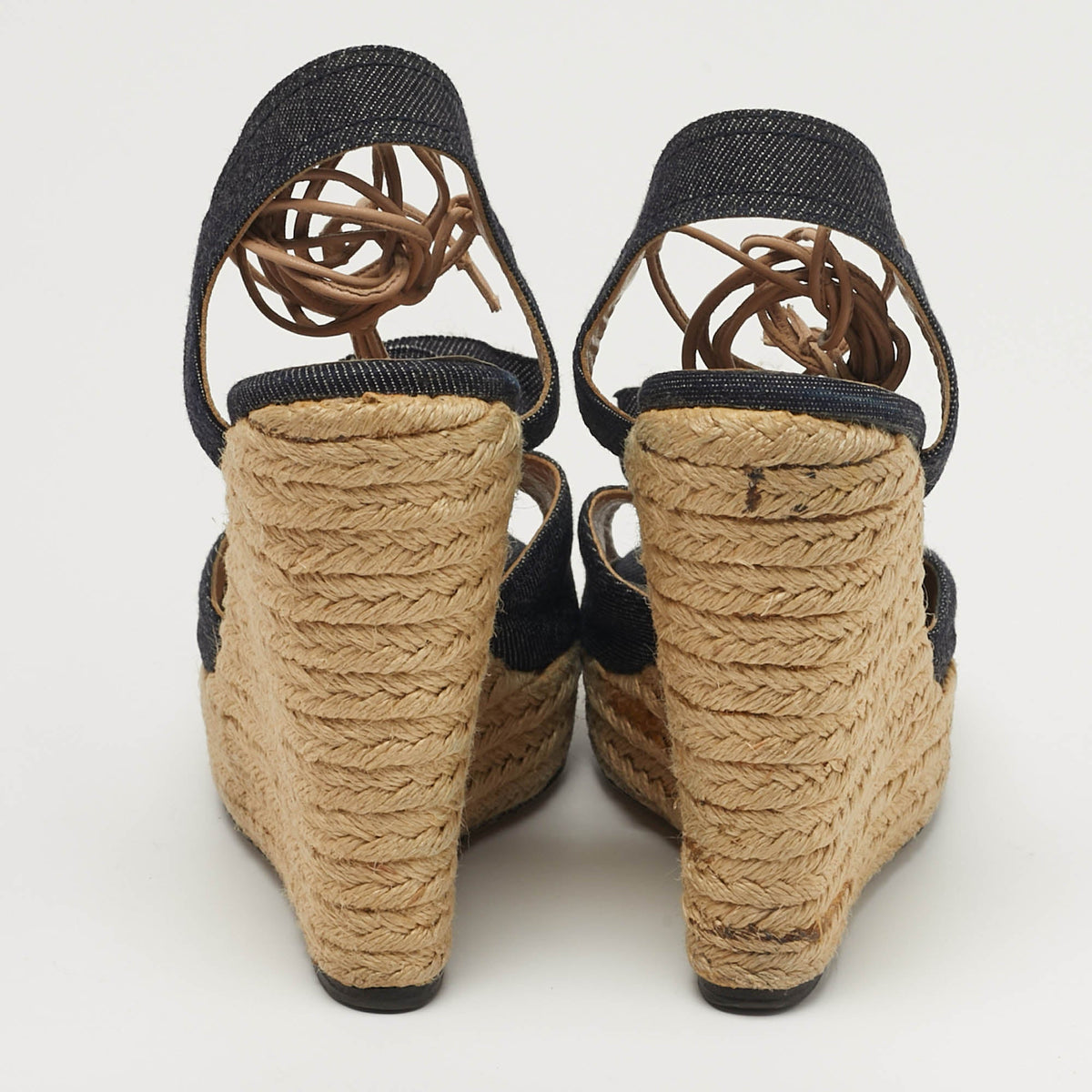 Valentino Flower Applique Size 38.5 Navy Blue Denim Espadrille Wedge Sandals