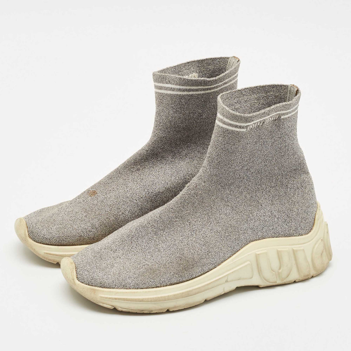 Miu Miu Silver Knit Lurex Fabric Sock Sneakers Size 38
