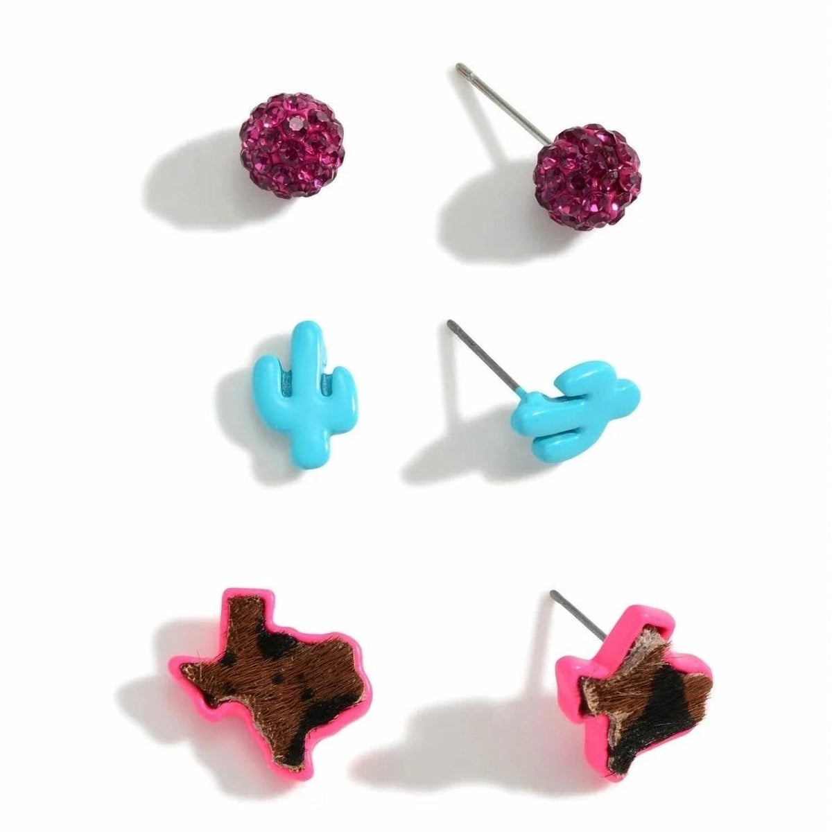 Women's Texas & Cactus Stud Earring Set In Hot Pink & Turquoise