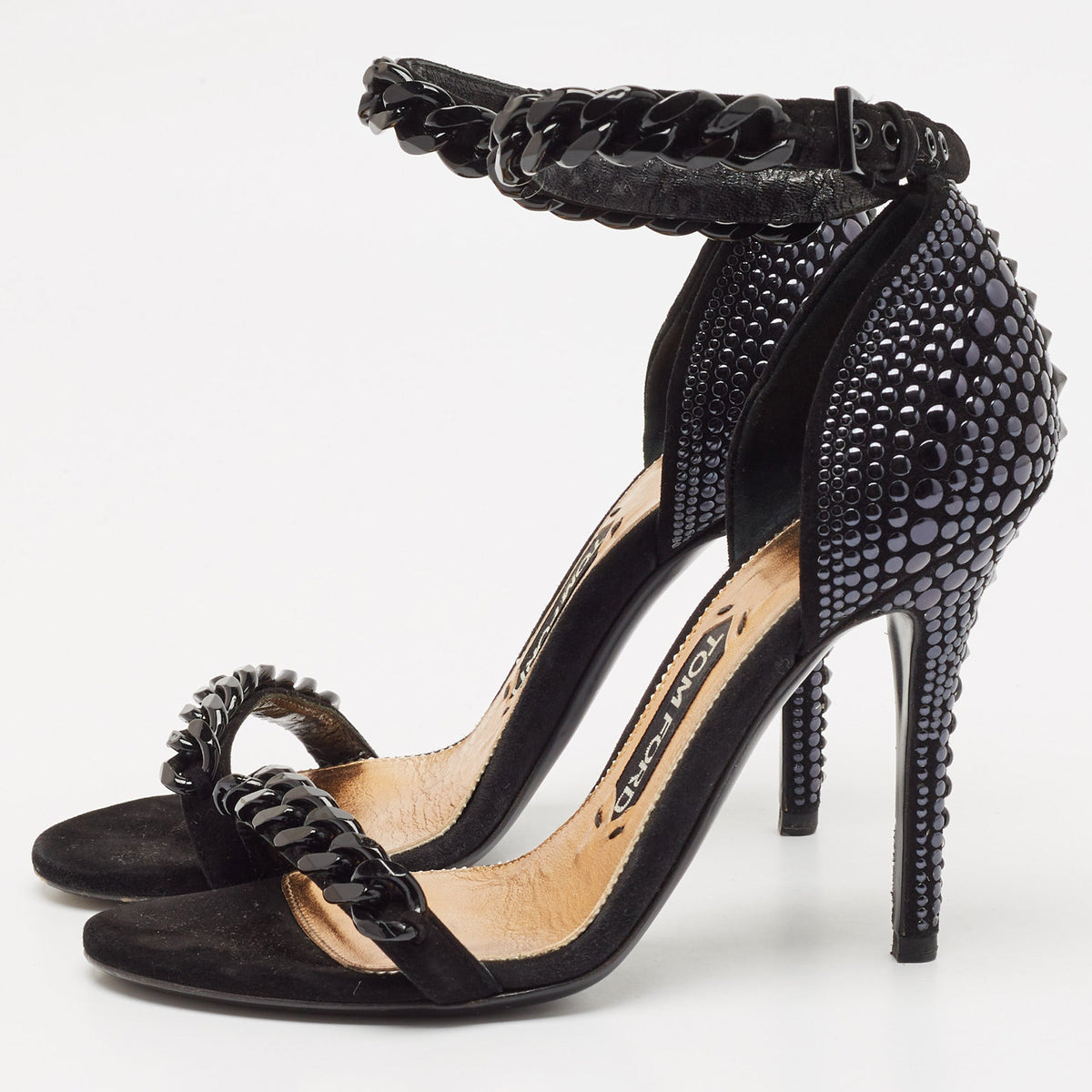 Tom Ford Black Suede Studded Chain Link Ankle Strap Sandals Size 37