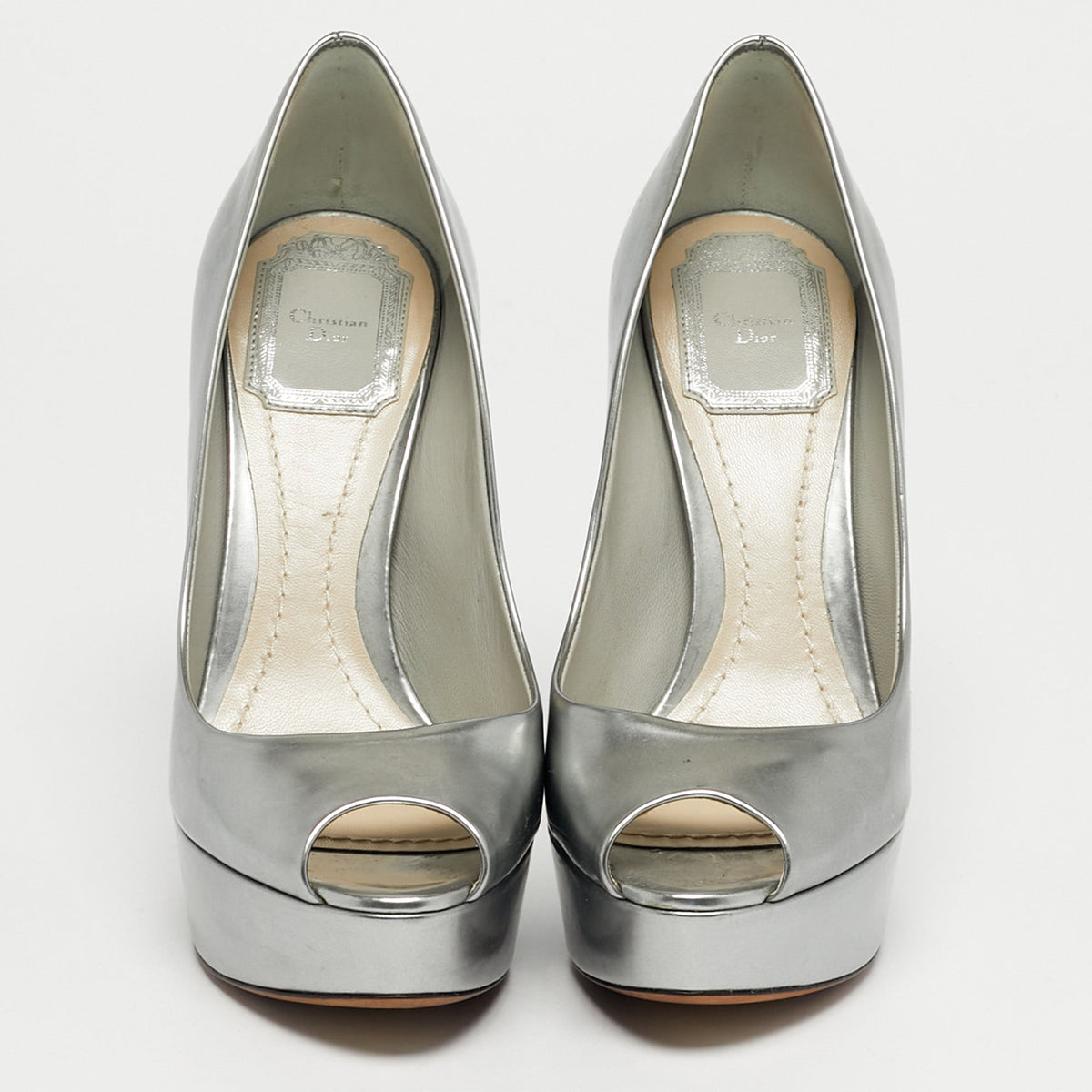Dior Silver Patent Leather Miss Dior Peep Toe Pumps Size 35