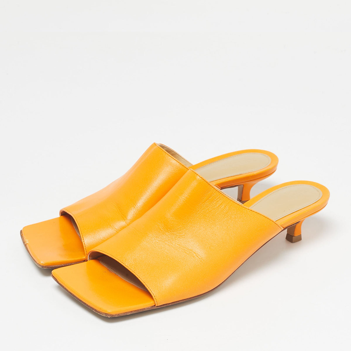Bottega Veneta Orange Leather Square Toe Mule Sandals Size 36.5