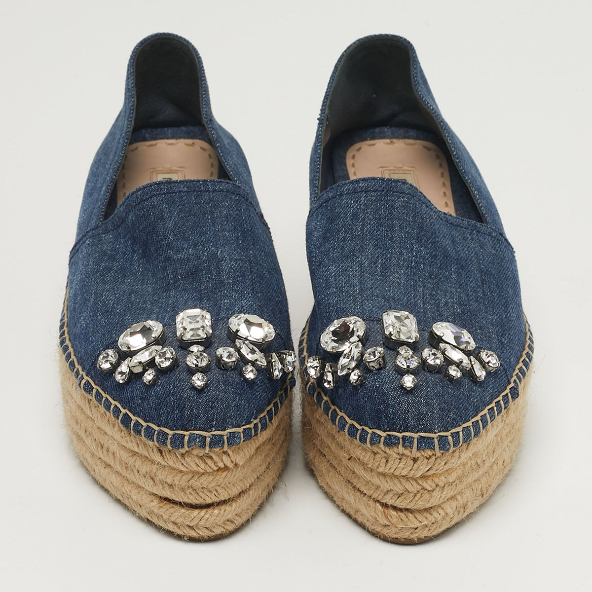 Miu Miu Size 38 Blue Denim Crystal Embellished Espadrille Platform Wedge Flats