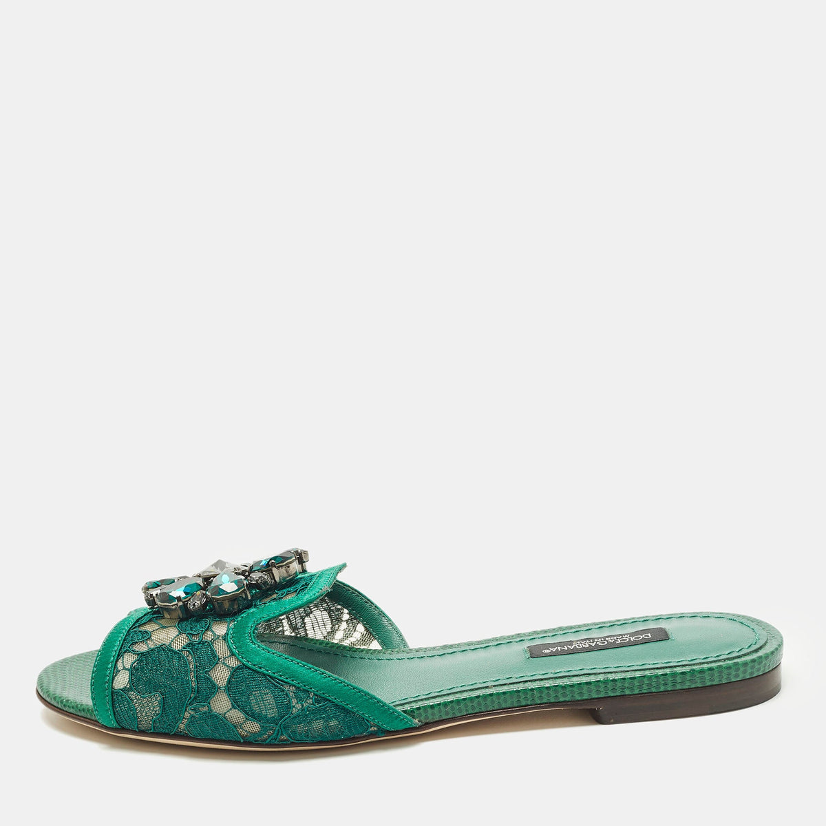 Dolce & Gabbana Bianca Size 36 Green Lace and Satin Flat Slide