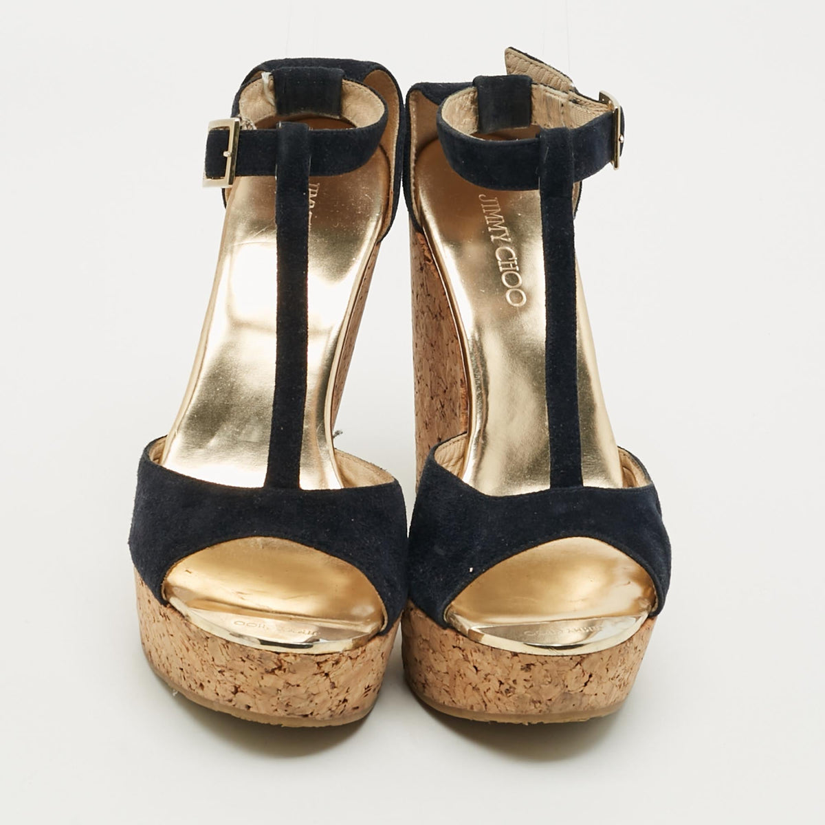 Jimmy Choo Pela Size 37.5 Navy Blue Suede Wedge Sandals