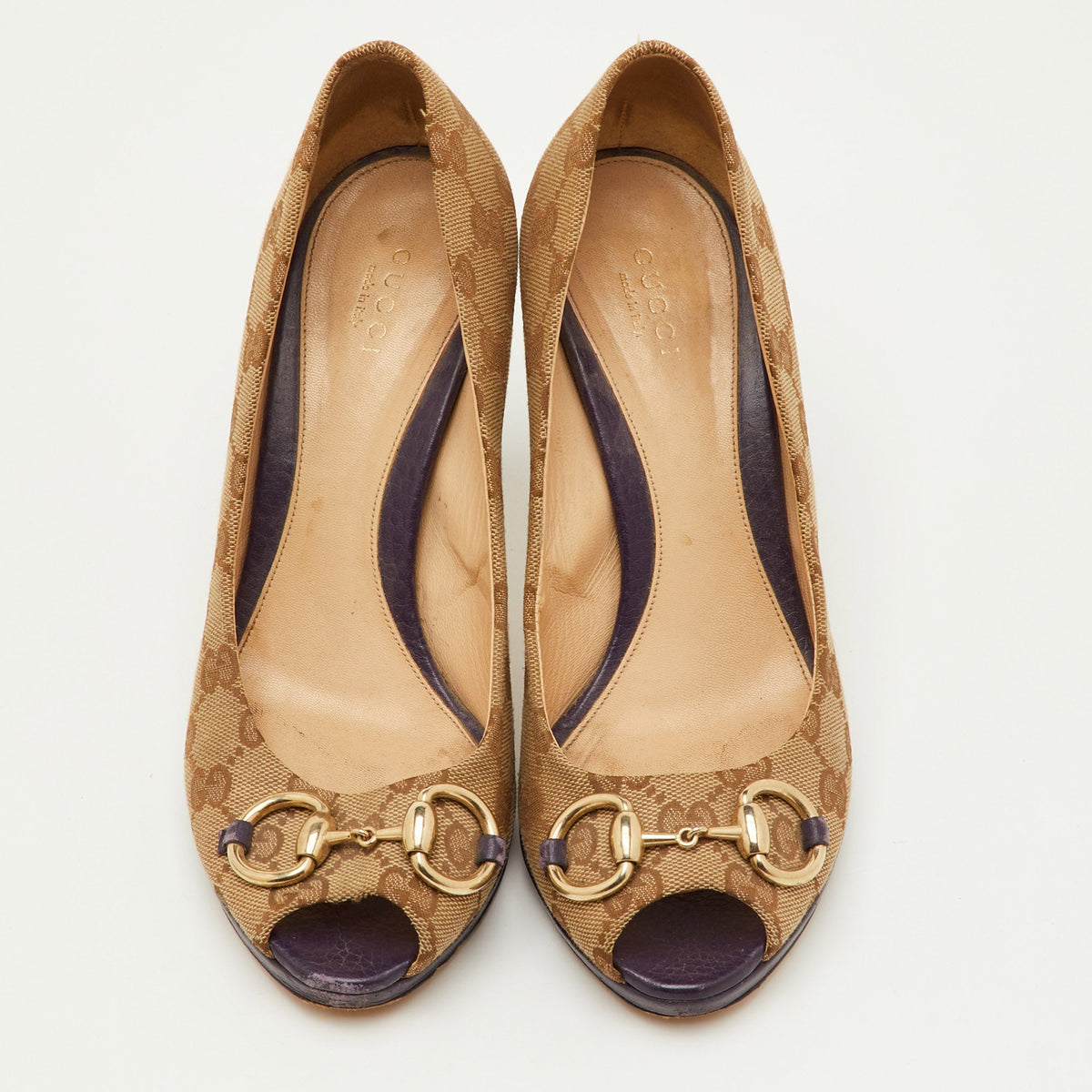 Gucci Hollywood Size 38 Beige/Brown GG Canvas Peep Toe Pumps