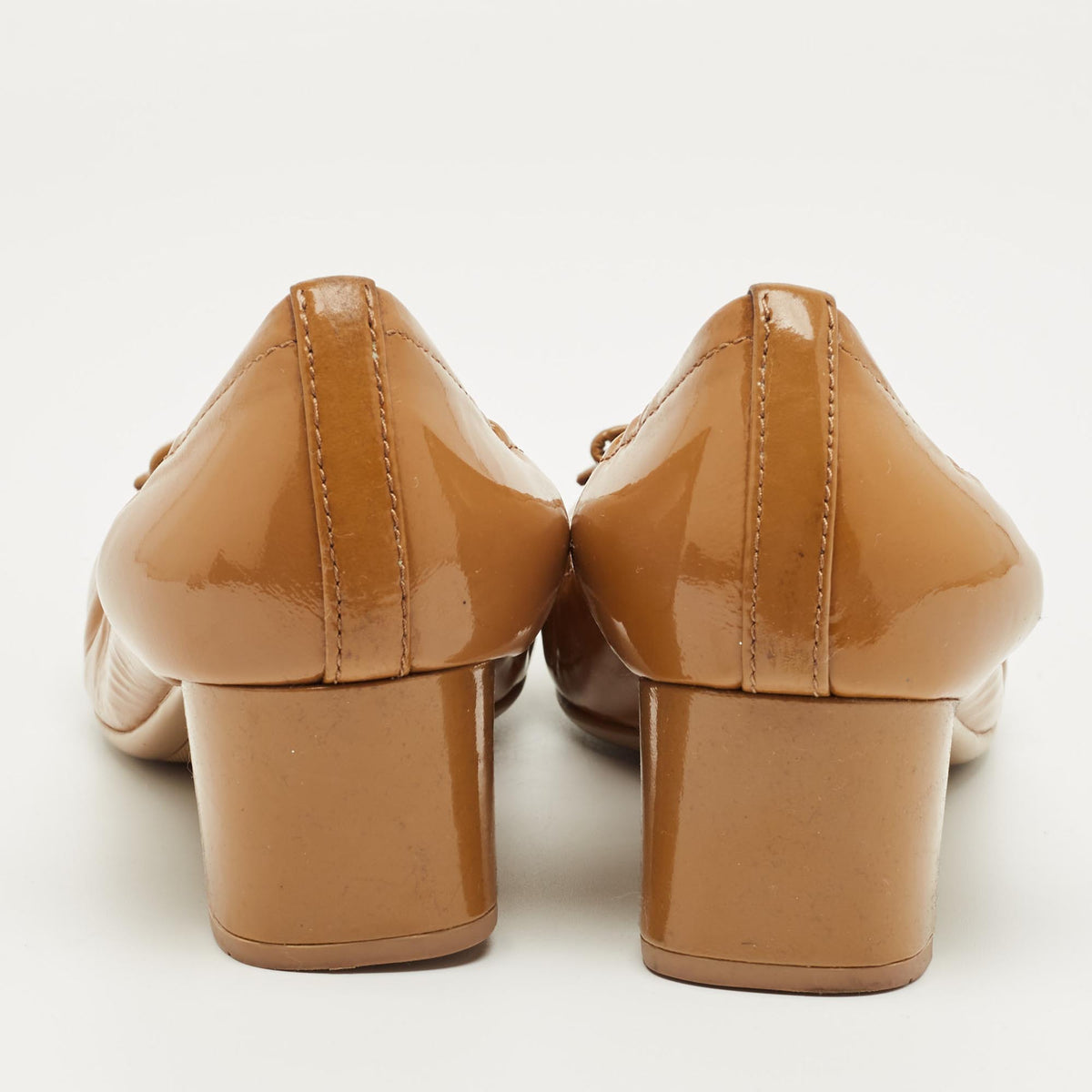 Prada Brown/Black Patent Leather Cap Toe Bow Block Heel Pumps Size 36