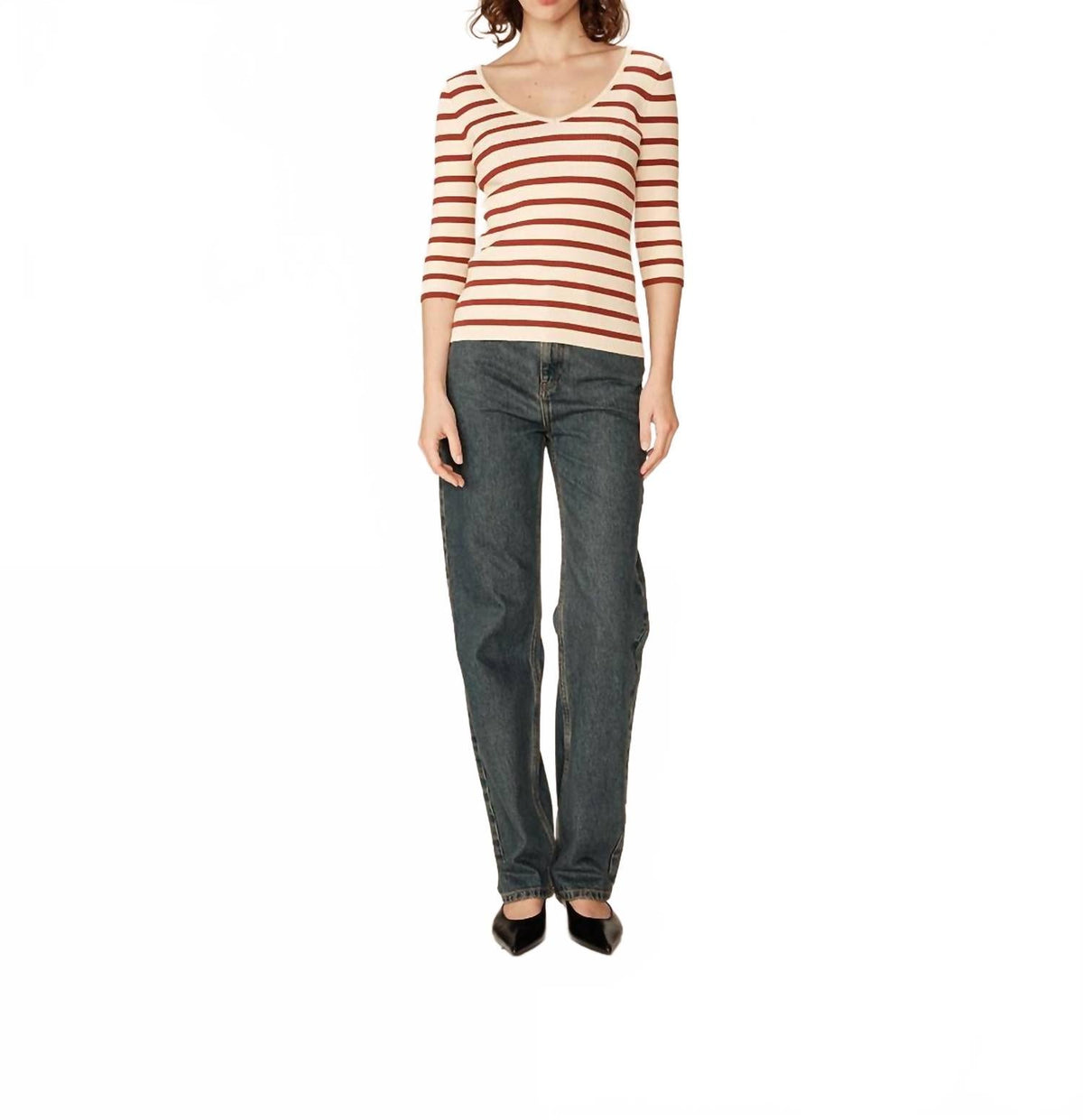 Paige Striped Ribbed Knit Sweater In Terracotta