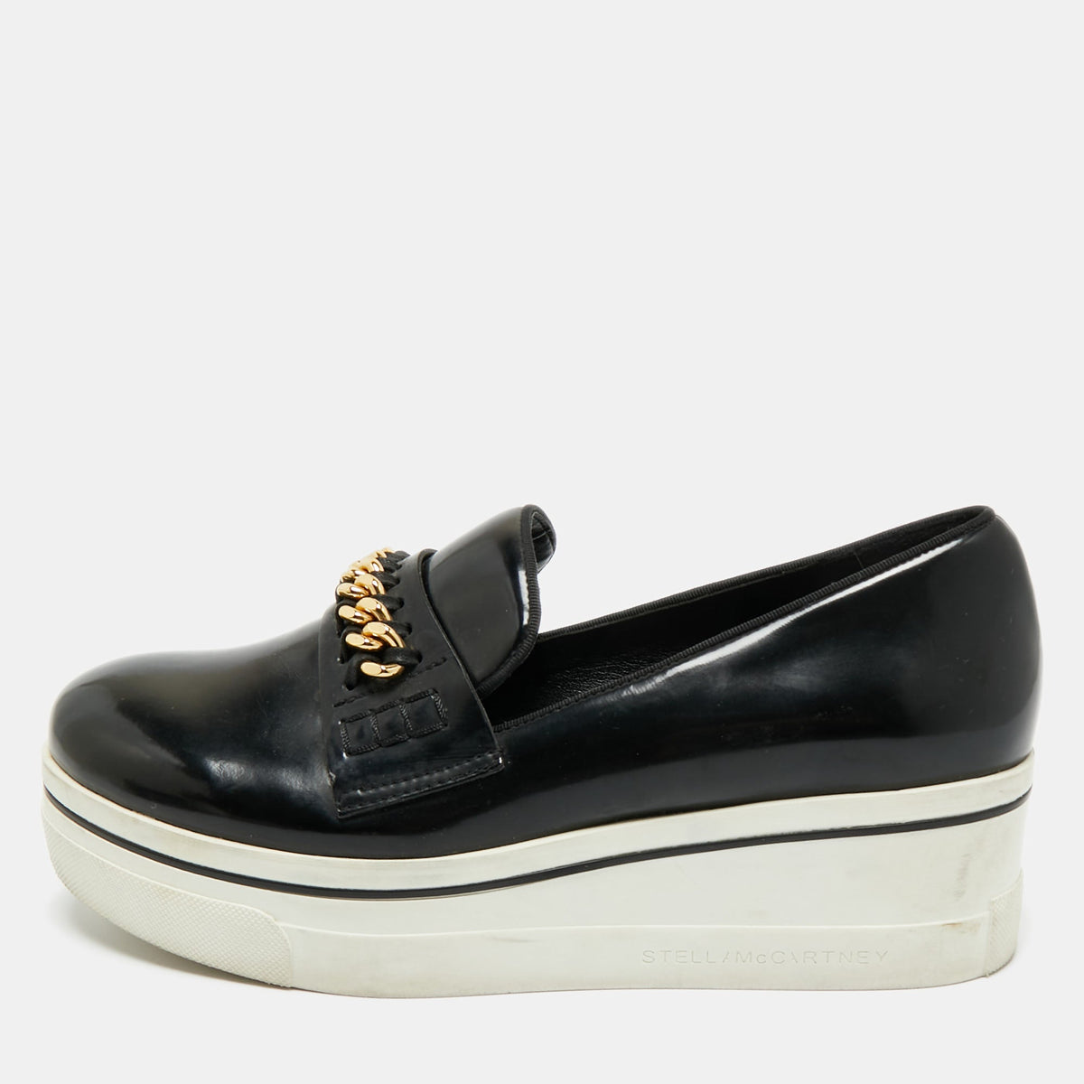 Stella McCartney Black Faux Leather Chain Link Platform Slip On Sneakers Size 38