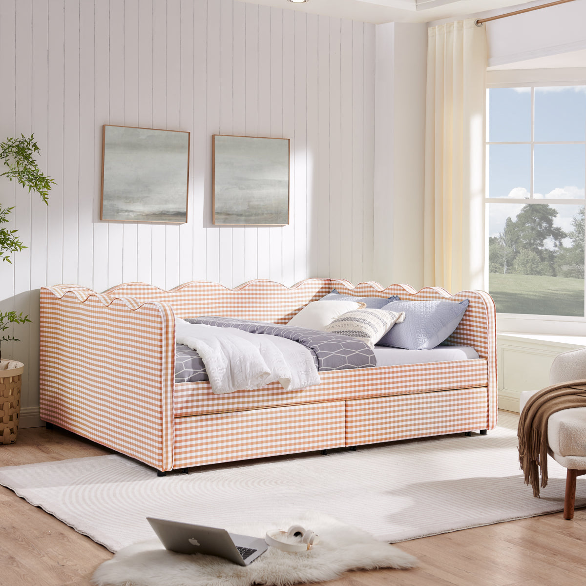 Streamdale Queen Size Daybed with 2 Drawers, USB Port & Wave Headboard