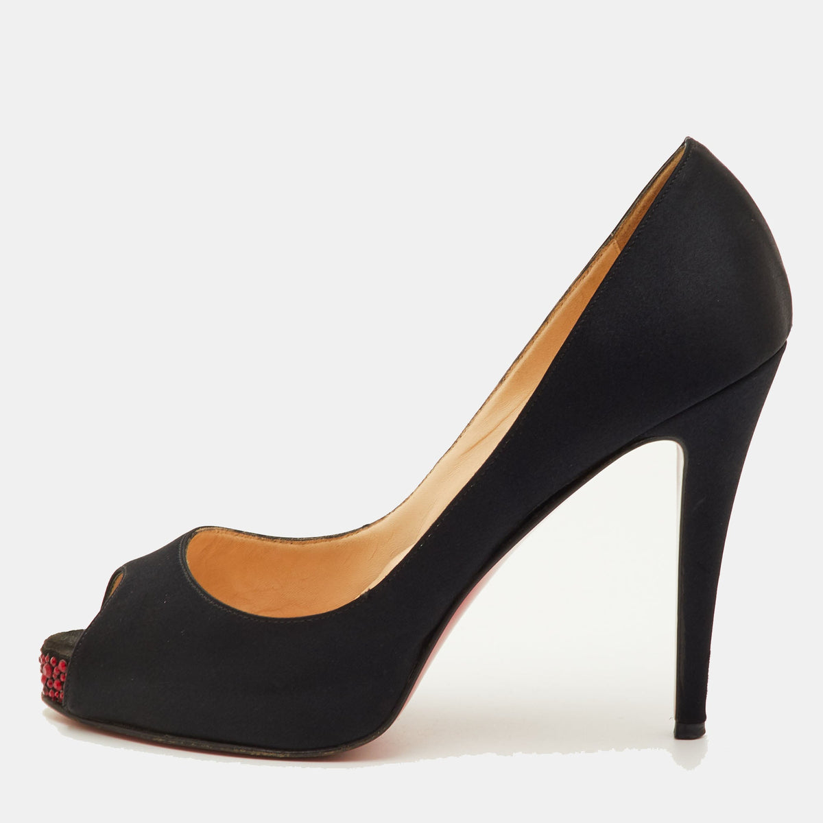 Christian Louboutin Very Prive Size 39 Black Satin Crystal Embellished Platform Peep Toe Pumps
