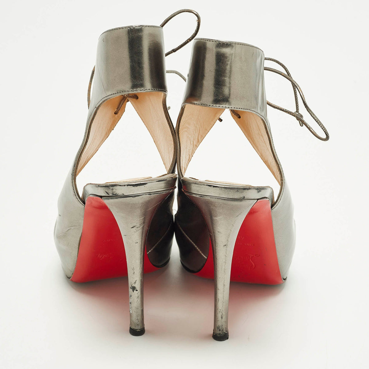 Christian Louboutin Size 40 Silver Leather Peep Toe Sandals